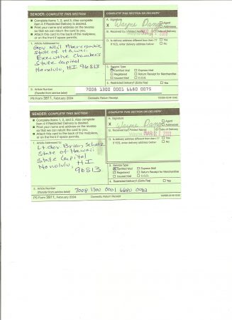 Certified Mail Receipts from Hawaii 2011 001