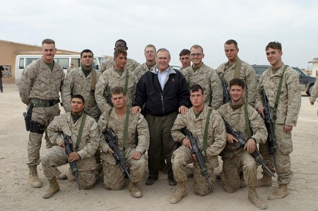Donald Rumsfeld with Marines in Iraq