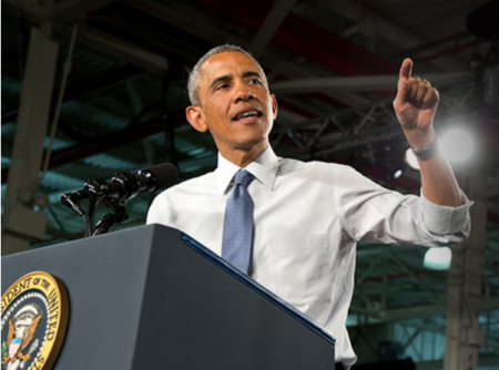 Obama with left hand up at lectern