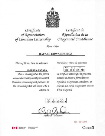 Ted Cruz renunciation of Canadian citizenship