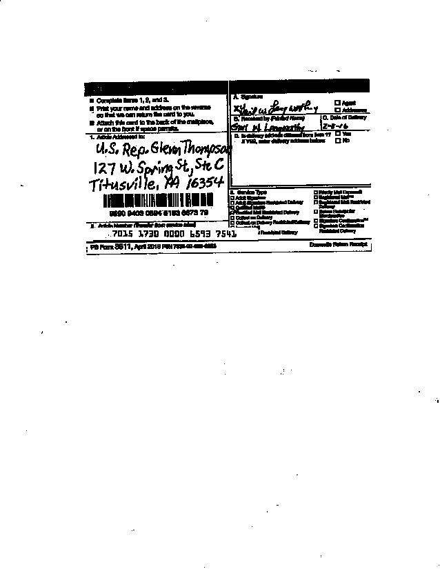 JGH Letter to Rep Thompson 02-08-16 receipt 25 percent