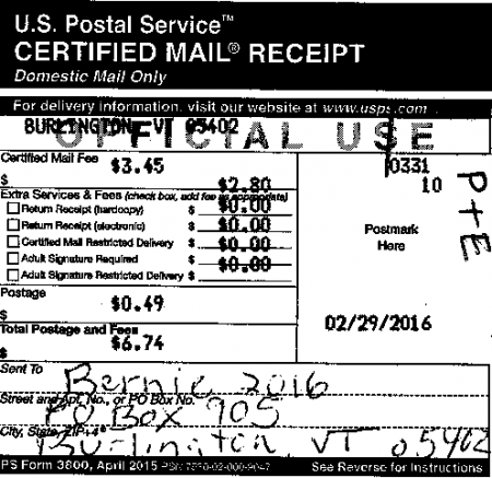Sanders certified receipt