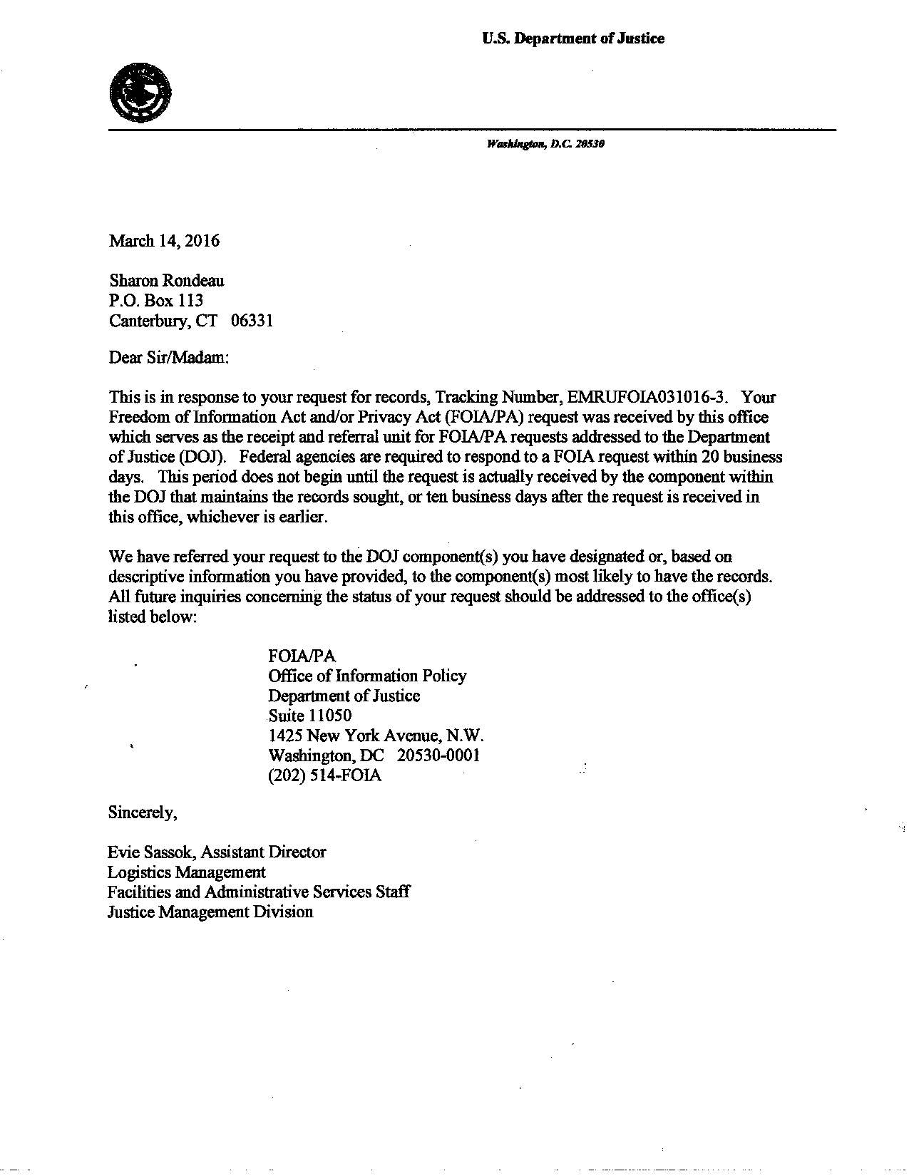 USDOJ FOIA RESPONSE LETTER 03-14-16 50 percent