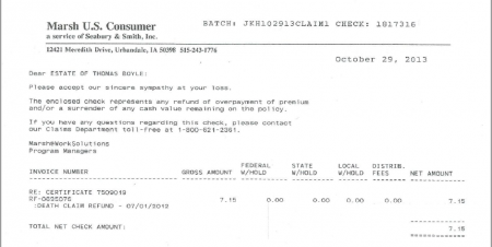 Boyle M&M Death Claim Refund Check