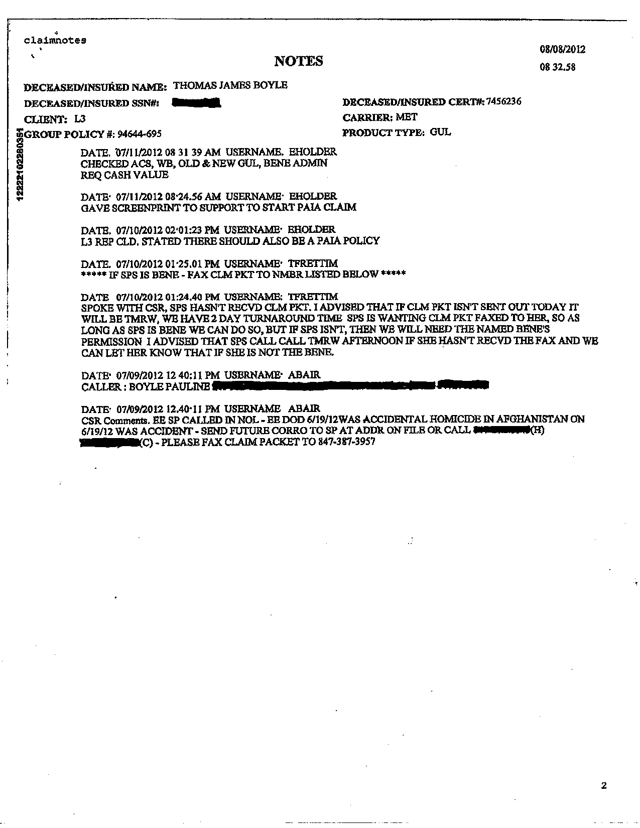 Boyle Metlife Accidental Death redacted address and phone numbers 50 percent