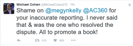 Michael Cohen tweet #1 Megyn Kelly 11-16-16