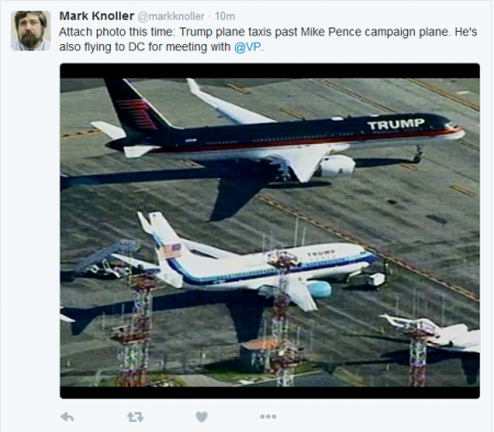 mARK kNOLLER tRUMP Pence airplanes en route to meet with O