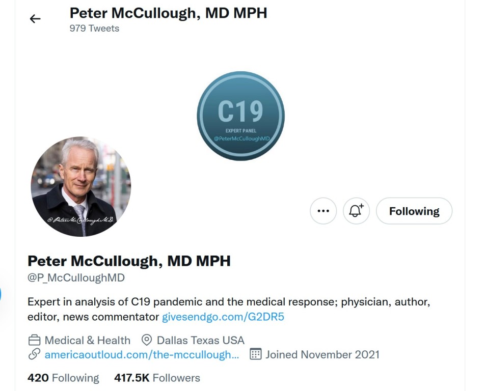 McCullough Tweets Serious Adverse Reactions to Covid-19 Vaccines