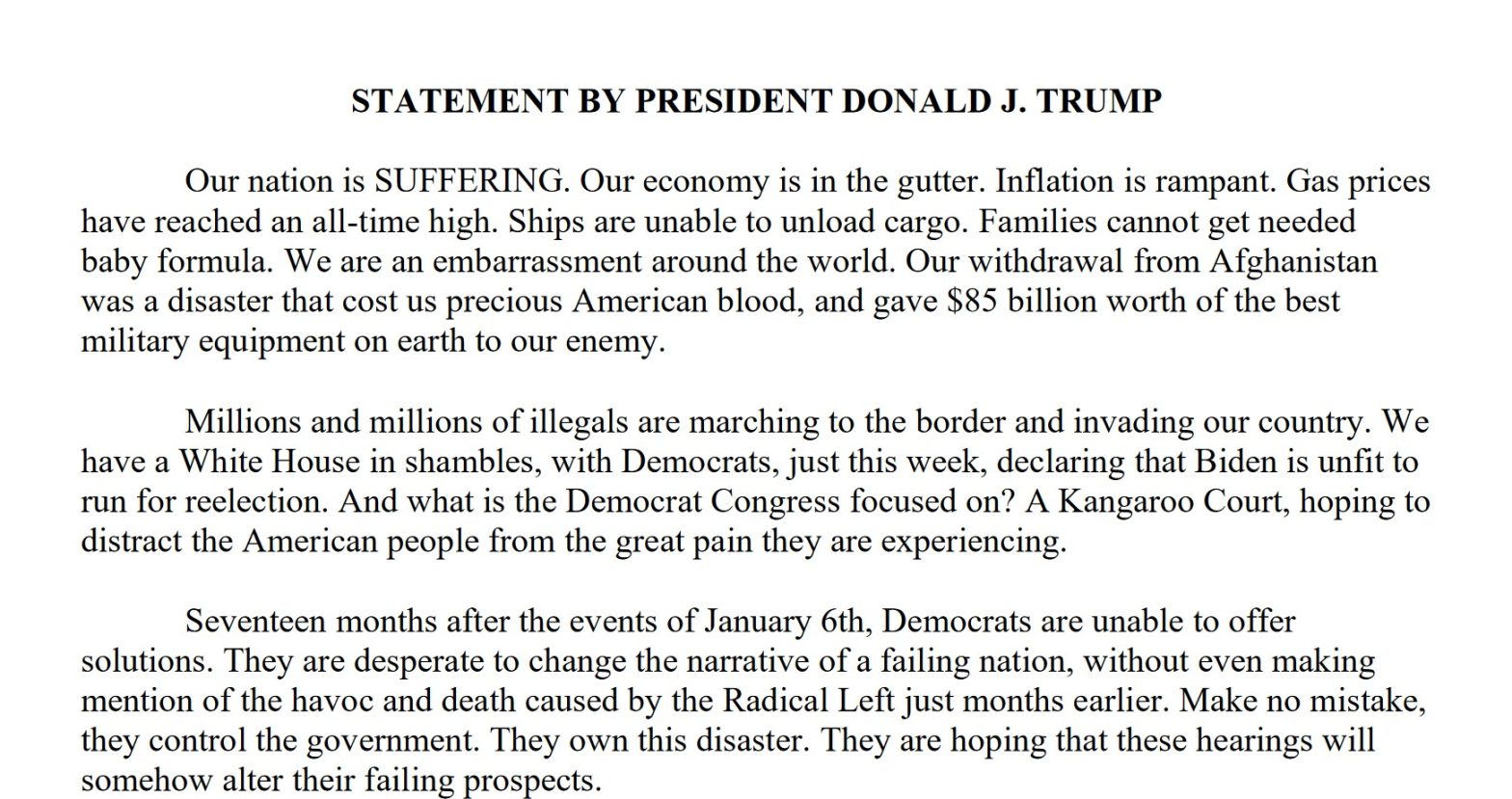 Trump Issues Rebuttal to January 6 Committee