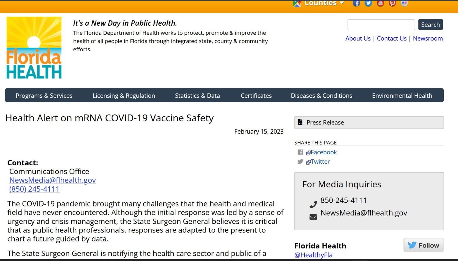Florida Department of Health Issues “Alert on mRNA COVID-19 Vaccine Safety”