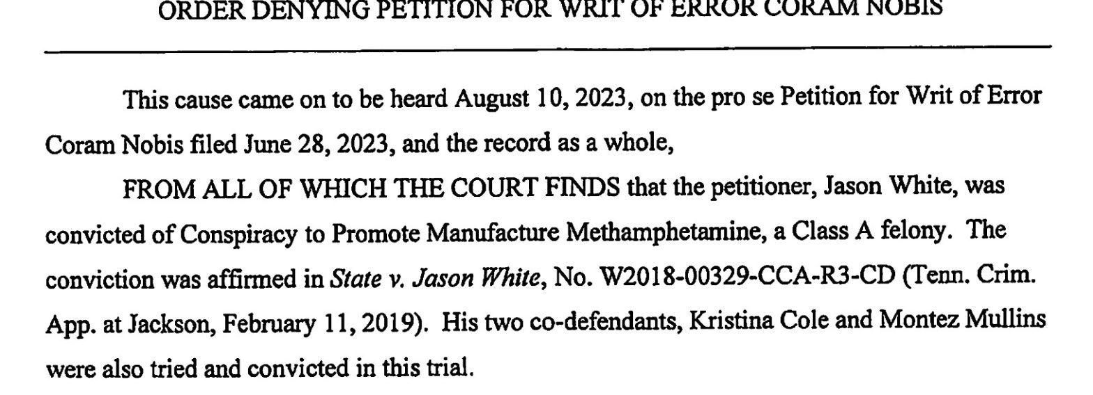 Jason White Coram Nobis Petition Denied