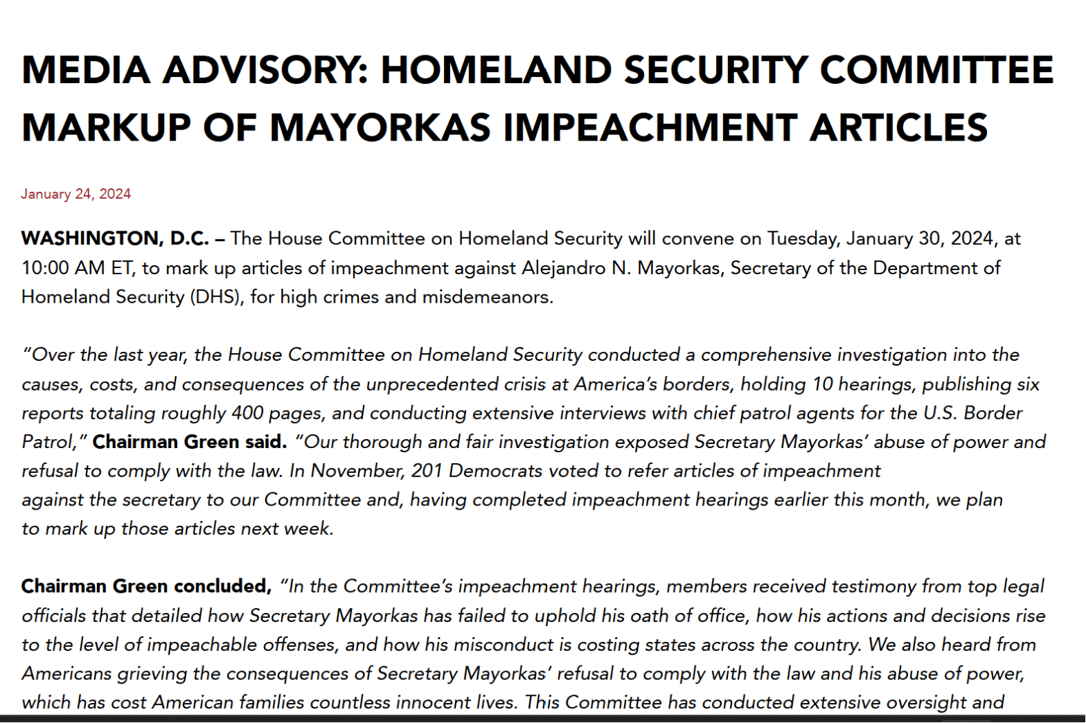 Committee Markup on Mayorkas Impeachment Scheduled for Tuesday