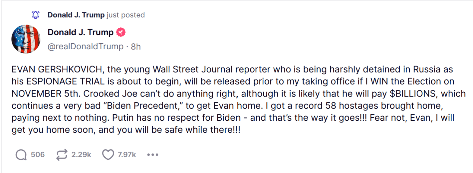 Trump Reiterates Claim on WSJ Reporter Jailed in Russia