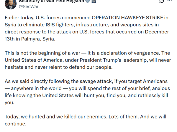 Secretary of War Announces “Operation Hawkeye Strike” in Syria