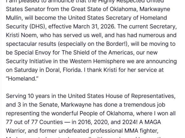 Markwayne Mullin to Replace Noem as DHS Secretary