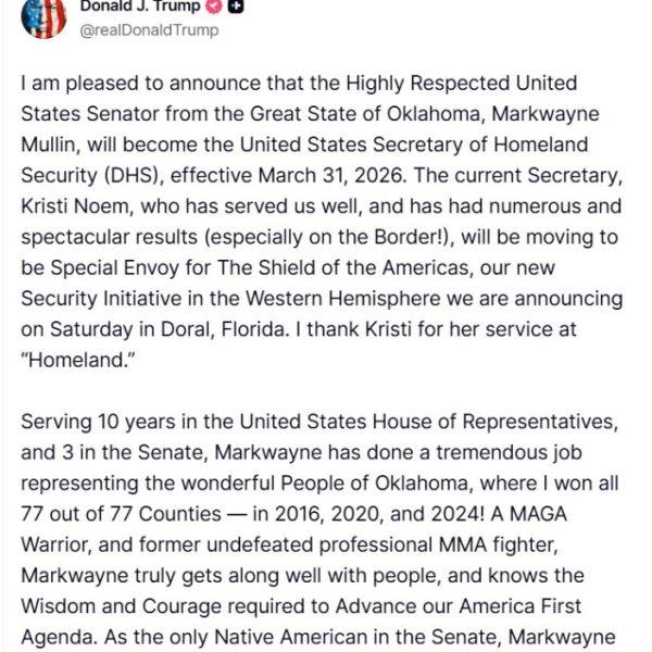 Markwayne Mullin to Replace Noem as DHS Secretary