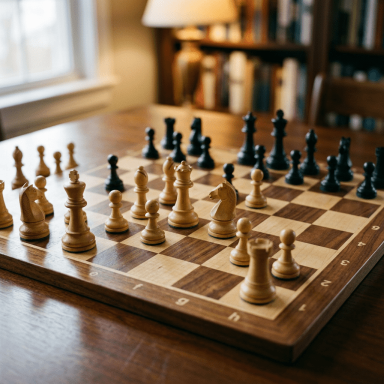 Wooden chess pieces arranged on a chessboard ready for play