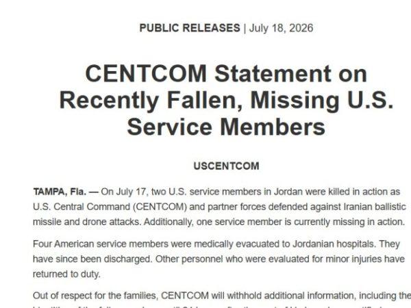 CENTCOM Announces 2 Killed, 1 MIA after Iranian Attack in Jordan