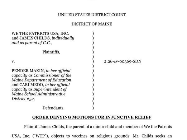 Judge Denies Temporary Restraining Order in Maine Vaccine Case