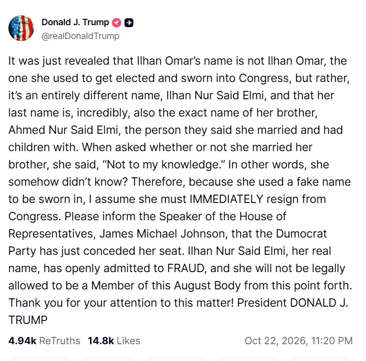 Trump: “Omar” “Not Legally Allowed” to Be in Congress